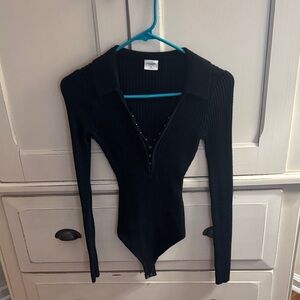 Abercrombie & Fitch Black Ribbed Bodysuit with Collar